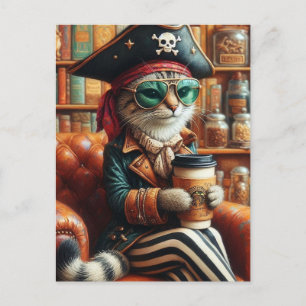 Adsible Pirat Cat with Coffee Vykort