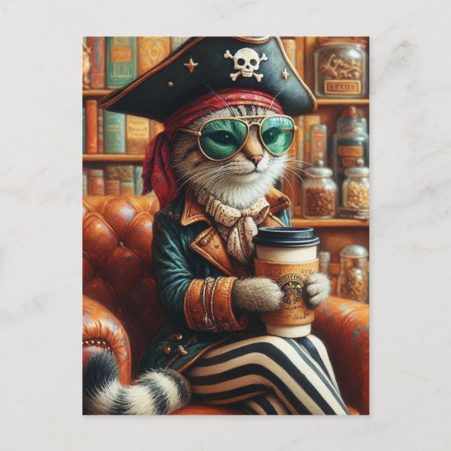 Adsible Pirat Cat with Coffee Vykort (Framsida)