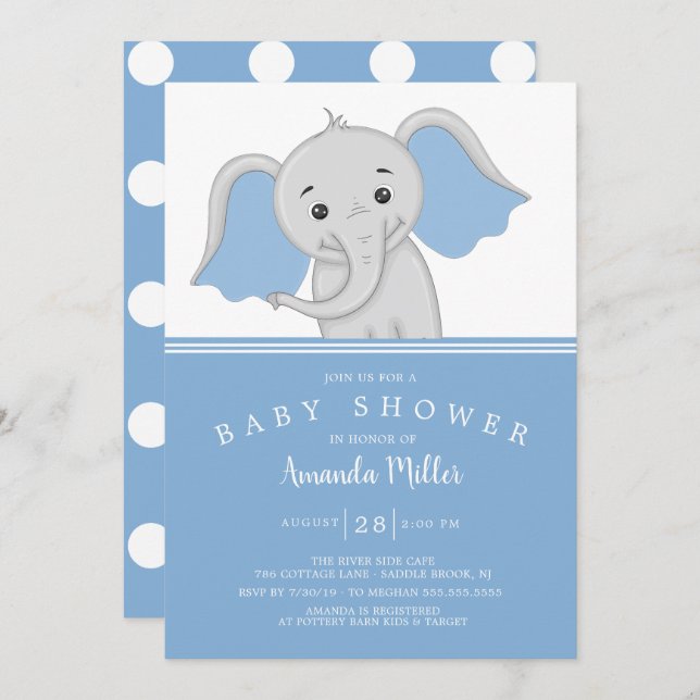 Adsible Pojke Elephant Baby Shower Inbjudningar (Fram/baksida)