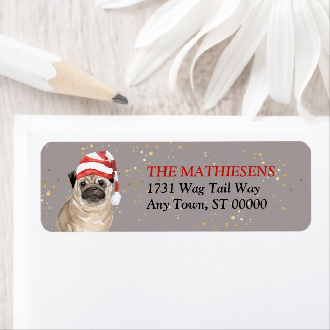 Adsible Pug Hund Santa Hat Address Label Returadress Etikett (Insitu)