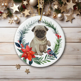 Adsible Pug Puppy Watercolor Poinsettia Julgransprydnad Keramik