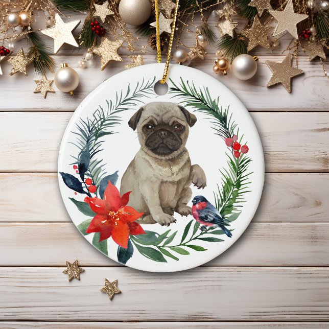 Adsible Pug Puppy Watercolor Poinsettia Julgransprydnad Keramik (Skapare uppladdad)