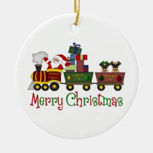 Adsible Pugs and Santa in Leksak Tåg Tees, Gifts Julgransprydnad Keramik