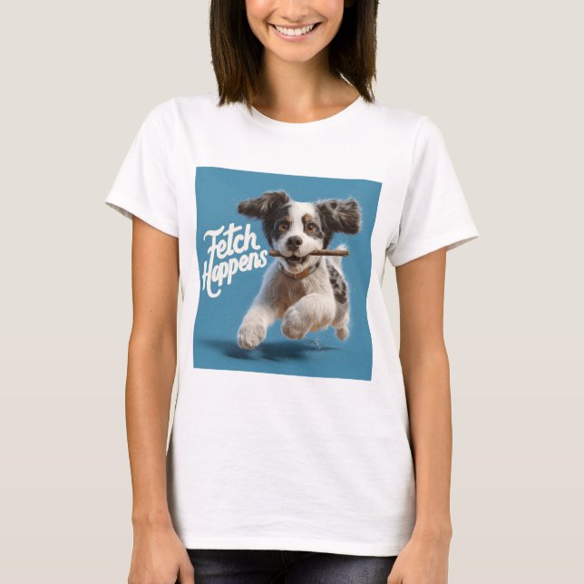 Adsible Puppy Mid-Luft Runwith a Stick T Shirt (Framsida)