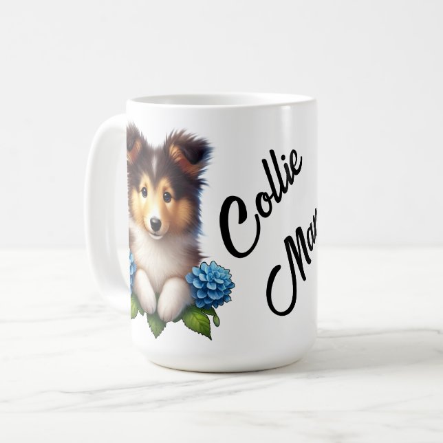 Adsible Puppy with Blåa blommor Collie Mamma Kaffemugg (Framsida vänster)