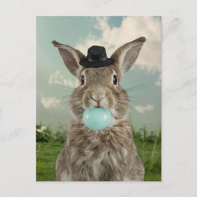 Adsible Rabbit in hat Chewing Blue Bubble Gum Vykort (Framsida)