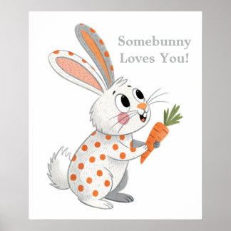 Adsible Rabbit Orange & White Playful Bunny Art Poster