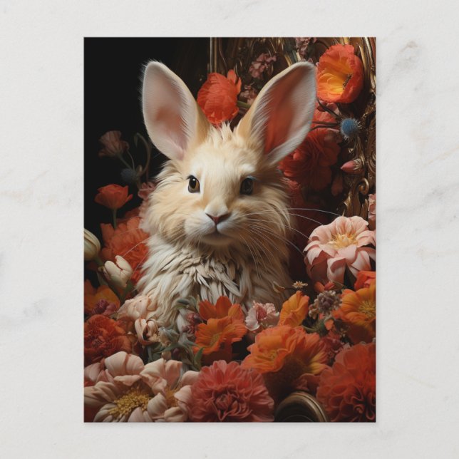 Adsible Rabbit with Flowers Postcard Vykort (Framsida)