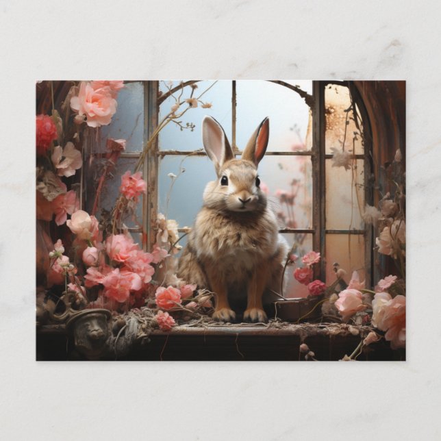 Adsible Rabbit with Rosa Flowers Postcard Vykort (Framsida)
