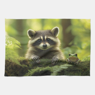 Adsible Raccoon and Frog Peeking Over Mossy Log i Kökshandduk