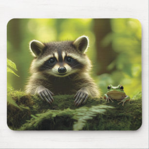 Adsible Raccoon and Frog Peeking Over Mossy Log i Musmatta