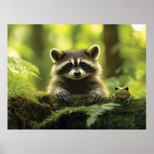 Adsible Raccoon and Frog Peeking Over Mossy Log i Poster
