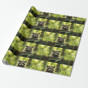 Adsible Raccoon and Frog Peeking Over Mossy Log i Presentpapper
