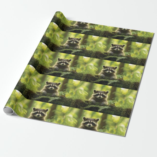 Adsible Raccoon and Frog Peeking Over Mossy Log i Presentpapper (Utrullad)