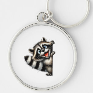 Adsible Raccoon jul Peek - Cute Helgdag Gif Rund Silverfärgad Nyckelring