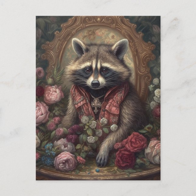 Adsible Raccoon med Flowers Vykort (Framsida)