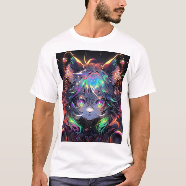 Adsible Rainbow Catgirl Hårig Anime T Shirt (Framsida)