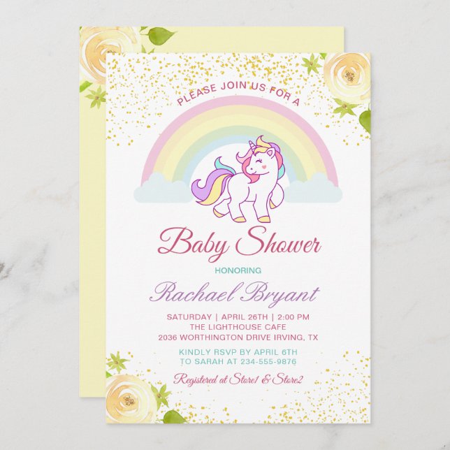Adsible Rainbow Unicorn Gult Blommigt Baby Shower Inbjudningar (Fram/baksida)