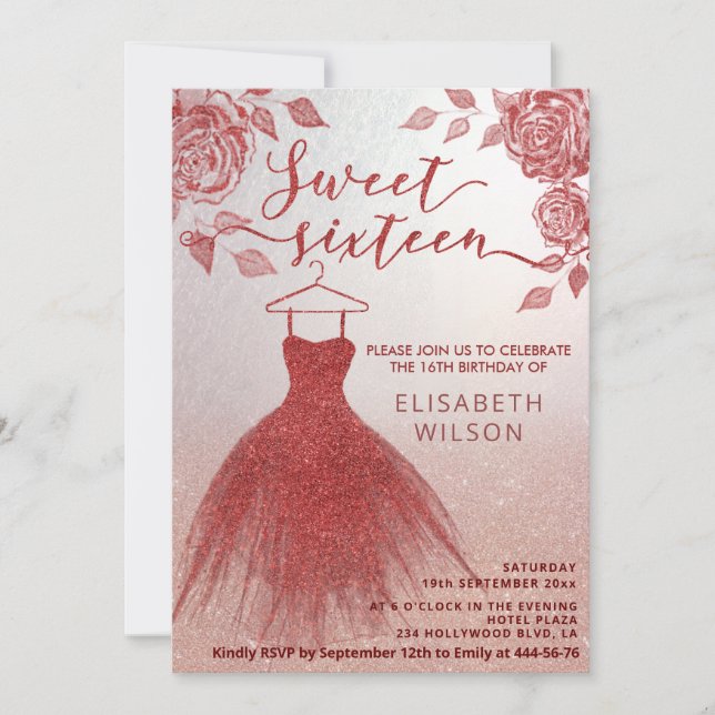 Adsible Röd ros red glitter dress Inbjudningar (Framsida)