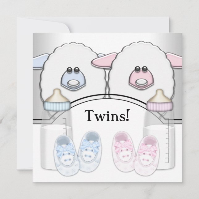Adsible Rosa and Blue Sheep Twin Baby Shower Inbjudningar (Framsida)