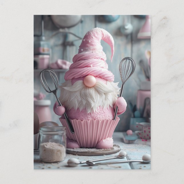 Adsible Rosa Baking Gnome Cuppie Helg Vykort (Framsida)