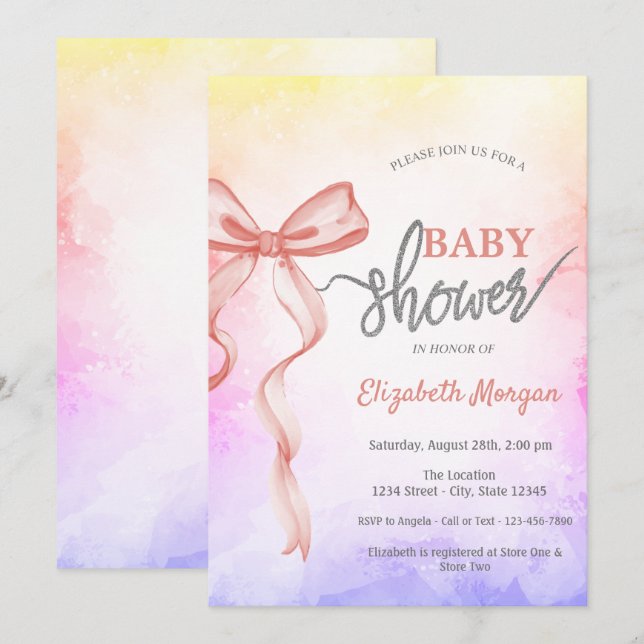 Adsible Rosa Bow Ombre Baby Shower Inbjudningar (Fram/baksida)