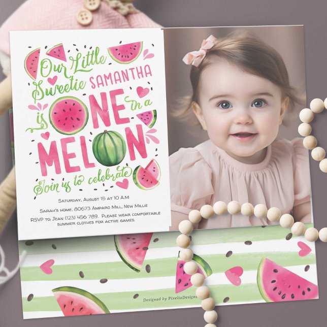 Adsible Rosa Watermelon, Cute Summer, 1:a födelsed Inbjudningar (Summer Cute Pink Watercolor One In a Melon, Watercolor Themed Girl 1st Birthday Photo Invitation. )