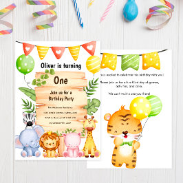 Adsible Safari Animals w/ Wooden Sign, Birthday Inbjudningar