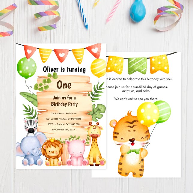 Adsible Safari Animals w/ Wooden Sign, Birthday Inbjudningar (Skapare uppladdad)