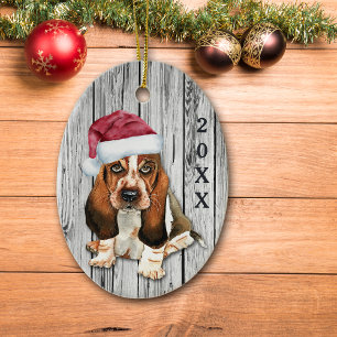 Adsible Santa Hat Basset Hound Puppy Ceramic Orna Julgransprydnad Keramik
