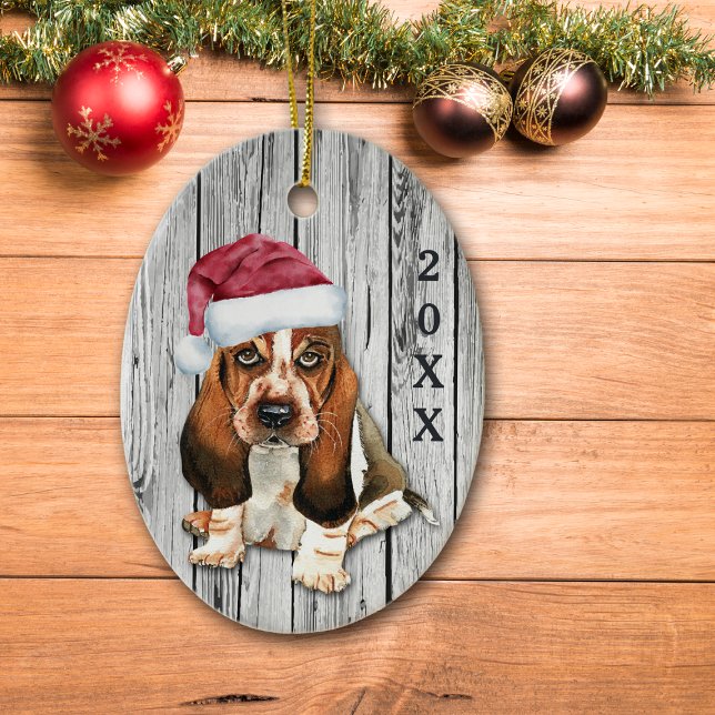 Adsible Santa Hat Basset Hound Puppy Ceramic Orna Julgransprydnad Keramik (Skapare uppladdad)