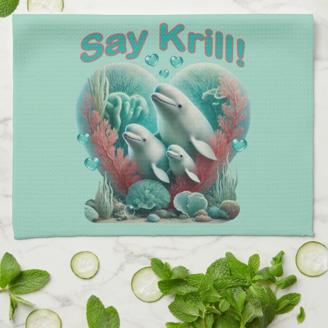 Adsible "say Krill" Whale Family Porträtt Kökshandduk (Vikta)