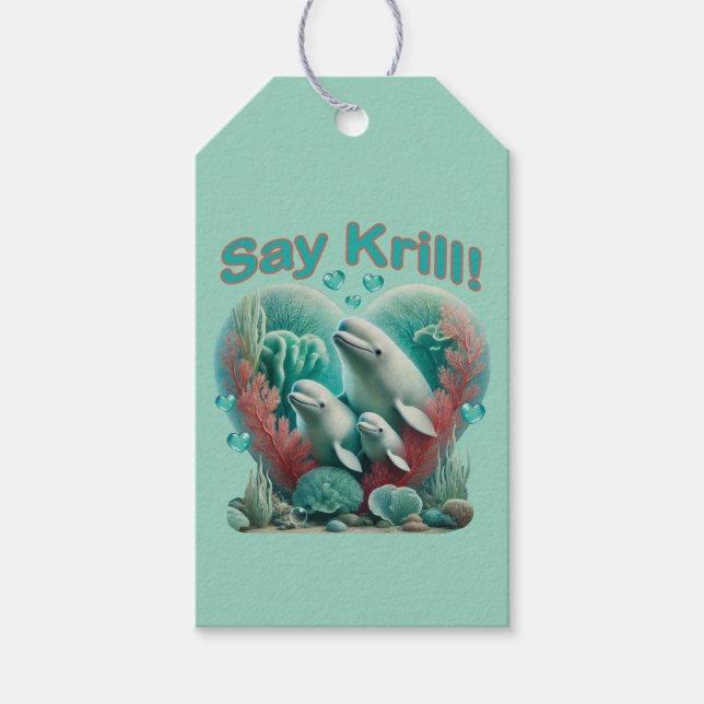 Adsible "say Krill" Whale Family Porträtt Presentetikett (Framsidan)
