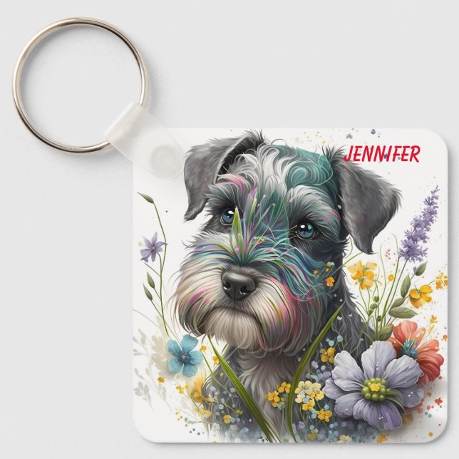 Adsible Schnauzer Puppy Hund Nyckelring (Framsida)