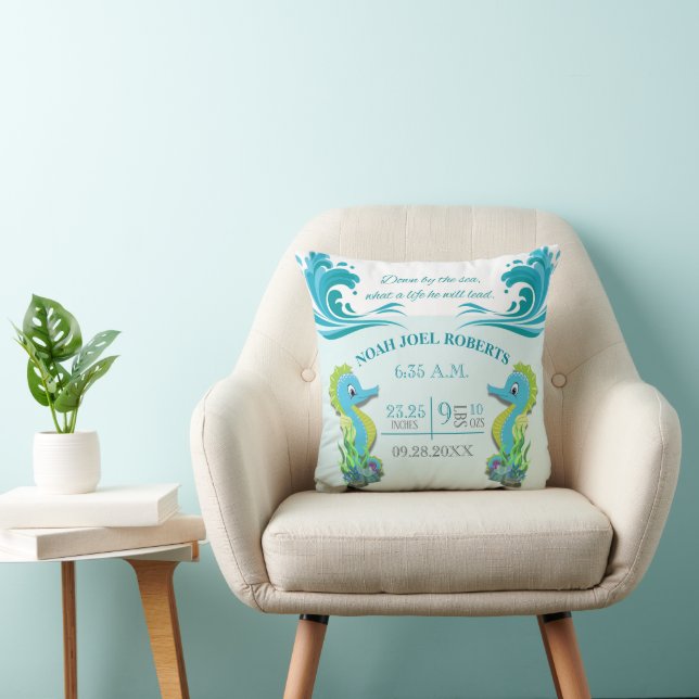 Adsible Seahorse Birth Announcement Pillow (Boy) Kudde (Stol)