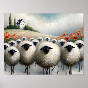 Adsible Sheep Poppy Fält och ett hus Poster