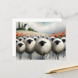Adsible Sheep Poppy Fält och ett hus Vykort
