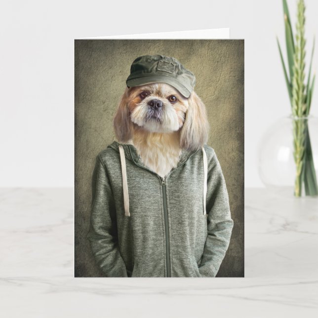 Adsible Shih Tzu Wearing a Cap and Hoodie Kort (Framsida)