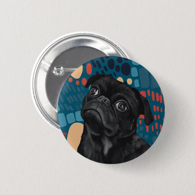 Adsible Sitta Black Pug Hund on Blue Abstrakt Knapp (Framsida & baksida)