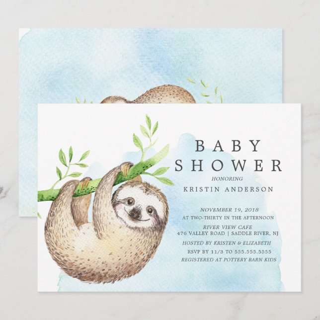 Adsible Sloth Baby Shower-inbjudan Inbjudningar (Fram/baksida)