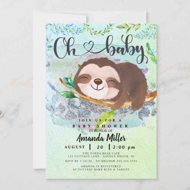 Adsible Sloth Baby Shower-inbjudan Inbjudningar (Framsida)