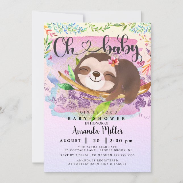 Adsible Sloth Baby Shower-inbjudan Inbjudningar (Framsida)