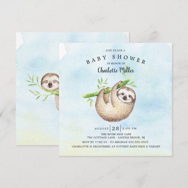 Adsible Sloth Baby Shower Inbjudningar (Fram/baksida)