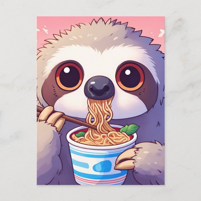 Adsible Sloth Eating Ramen Vykort (Framsida)
