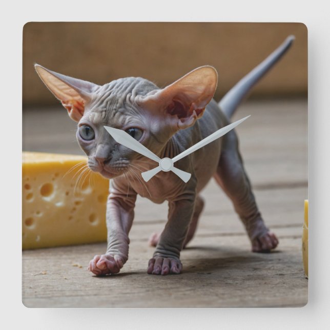 Adsible Sphynx Kitten och Cheese Fyrkantig Klocka (Framsida)