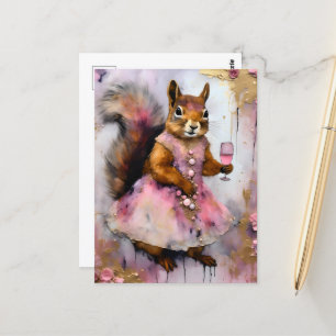 Adsible Squirrel i en Rosa Dress med en dryck Vykort