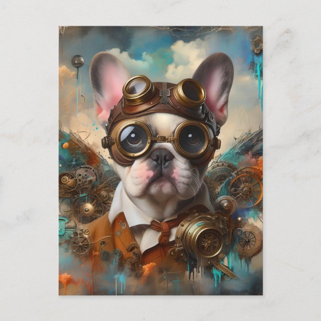 Adsible Steampunk Fransk Bulldog Vykort (Framsida)