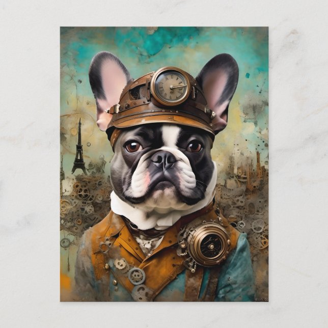 Adsible Steampunk Fransk Bulldog Vykort (Framsida)