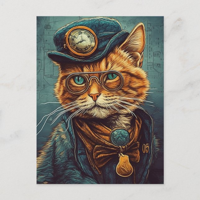 Adsible Steampunk Ginger Cat Vykort (Framsida)