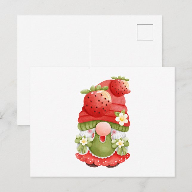 Adsible Strawberry Garden Gnome Vykort (Fram/baksida)